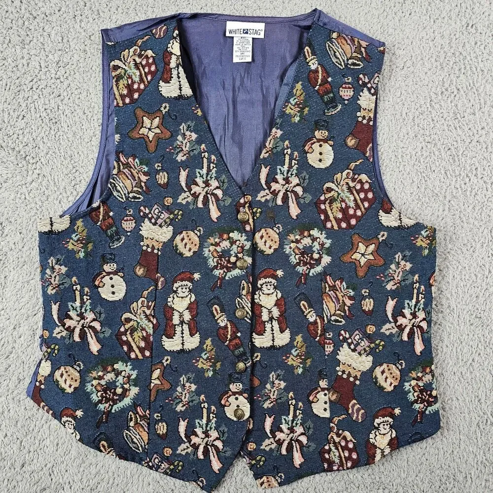 Vintage Vest Womens Large Blue Christmas Holiday Santa Snowman Presents 90s Art